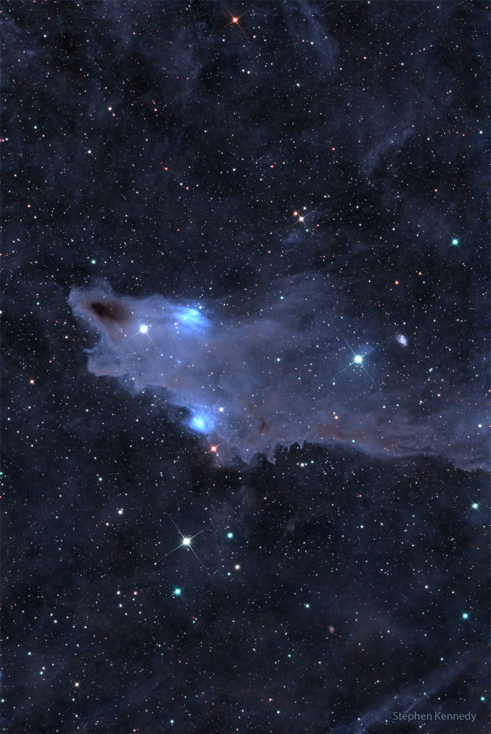 A dark brown cloud that appears similar to a shark is seen
against a background filled with stars and less prominent 
blue-shaded nebulae.
Please see the explanation for more detailed information.