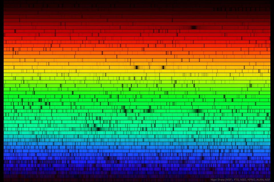 A rainbow of the Sun's colours is shown from deep red on the upper left
to deep blue on the lower right. Some horizontal lines have gaps
that appear dark where some colours are missing. 
the image.
Please see the explanation for more detailed information.