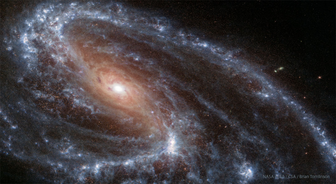Spiral galaxy M66 is shown in infrared light as seen by the
orbiting James Webb Space Telescope. A reddish-brown centre is
seen in the galaxy with a blue-coloured spiral arms surrounding it.
A close inspection will reveal that these spiral arms are not
symmetrical.
Please see the explanation for more detailed information.