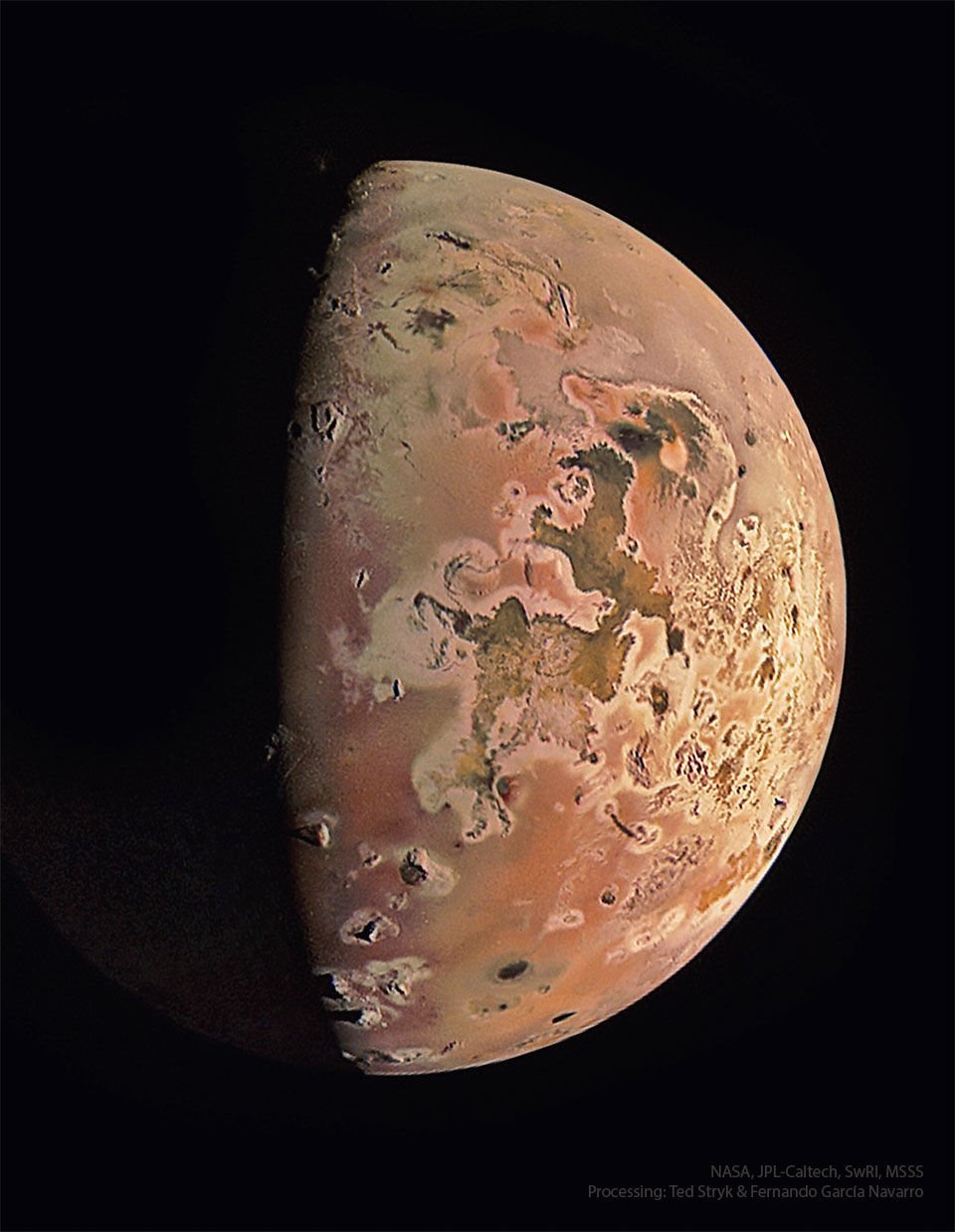 Jupiter's moon Io is shown as photogaphred recently
by NASA's passing Juno spacecraft. The moon is nearly half-
lit by the distant Sun and shows a complex surface including
the colours yellow, orange, and dark brown. Near the top, the
plume of an active volcano can be seen.
Please see the explanation for more detailed information.