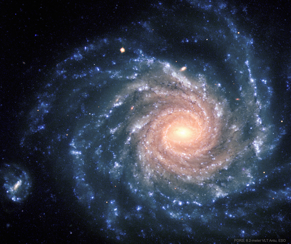 A spiral galaxy with big blue spiral arms is shown with
 a centre that appears more yellow.
Please see the explanation for more detailed information.