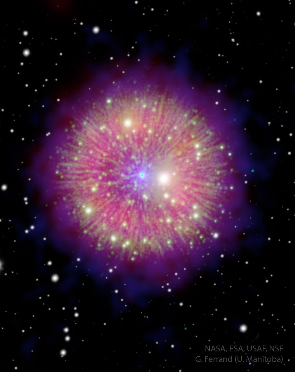 A nebula is shown that appears like a firework. Radial
filaments connect a glowing halo to a star in the centre
that appears as a blue dot. 
Please see the explanation for more detailed information.