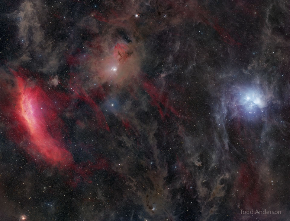 The featured image shows a wide field with the 
red California Nebula on the left, the blue 
Pleiades Star Cluster on the right, and much brown 
interstellar dust in between. 
Please see the explanation for more detailed information.