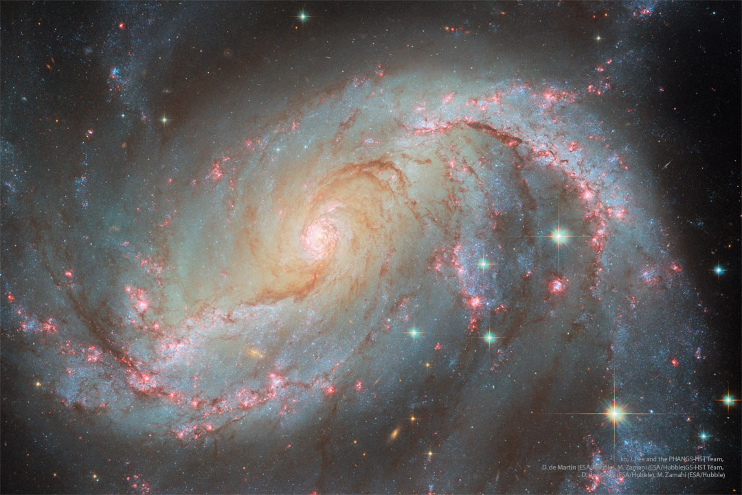 A spiral galaxy is shown in great detail. Visible 
are blue star clusters, red nebulae, and brown dust
in a spiral pattern around the image and galaxy centre.
Please see the explanation for more detailed information.