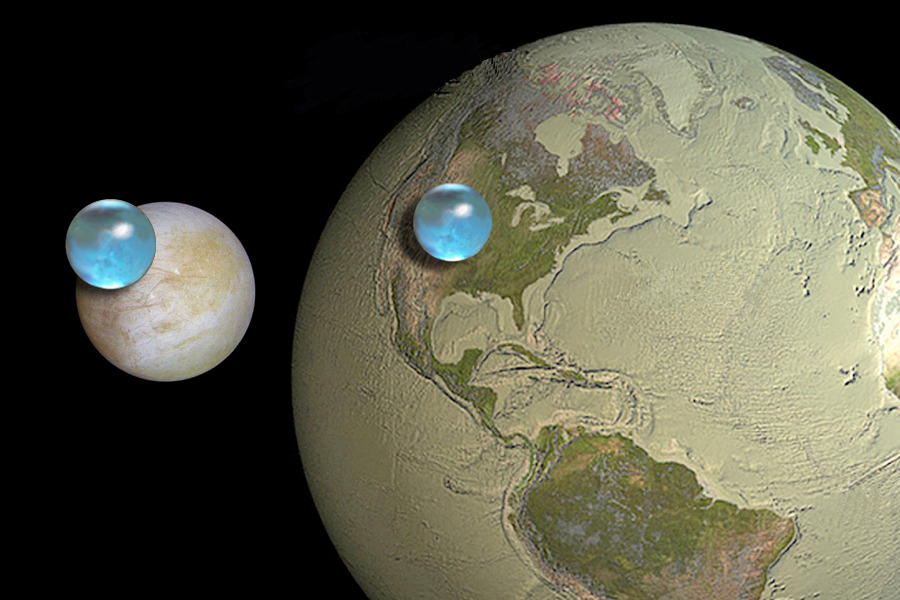 Earth without water is shown on the right, while 
Jupiter's moon Europa is shown on the left. Superposed
on each object is a blue sphere estimating the amount
of water each object contains. The blue spheres are 
about the same size. 
Please see the explanation for more detailed information.