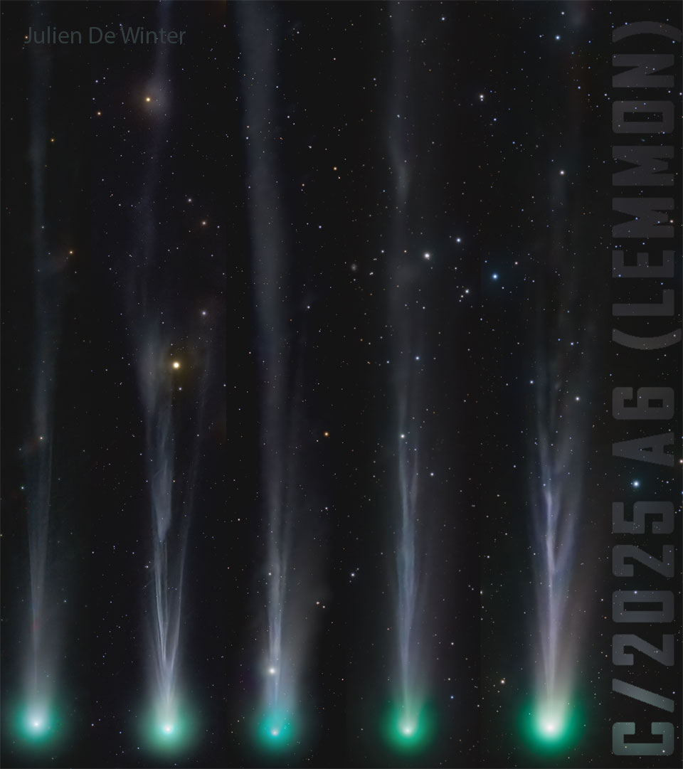 A comet with a green head at the bottom and a 
complex tail extending toward the top is shown,
horizontally side by side, five times.
Please see the explanation for more detailed information.