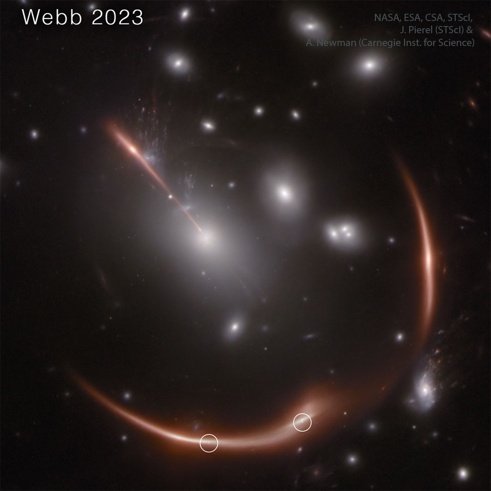 An image shows a cluster of galaxies with unusual arcs.
The arcs are background galaxies distorted by the gravitational 
lens effect of the foreground cluster. The background galaxy 
shows several spots that are supernovae occurring in the galaxy.
Please see the explanation for more detailed information.