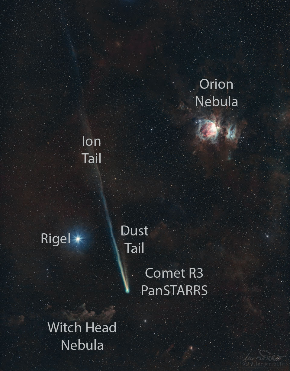 A starfield appears featuring a comet with a long tail
that extends from the lower right to the upper left. To the 
left of the comet is a bright star, and above the comet and
to the right is a red and white nebula. 
Please see the explanation for more detailed information.