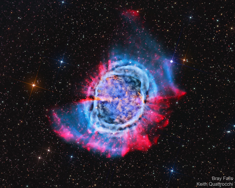 The picture shows the planetary nebula M27 known as the Dumbbell Nebula. 
Please see the explanation for more detailed information.