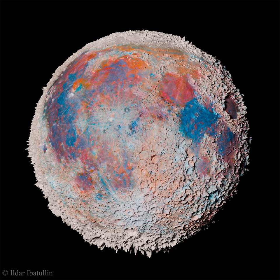 Earth's Moon is shown with the heights of surface
features all greatly exaggerated. Also, the colours of the
Moon have been exaggerated so areas of blue and red are
more easily seen. 
Please see the explanation for more detailed information.