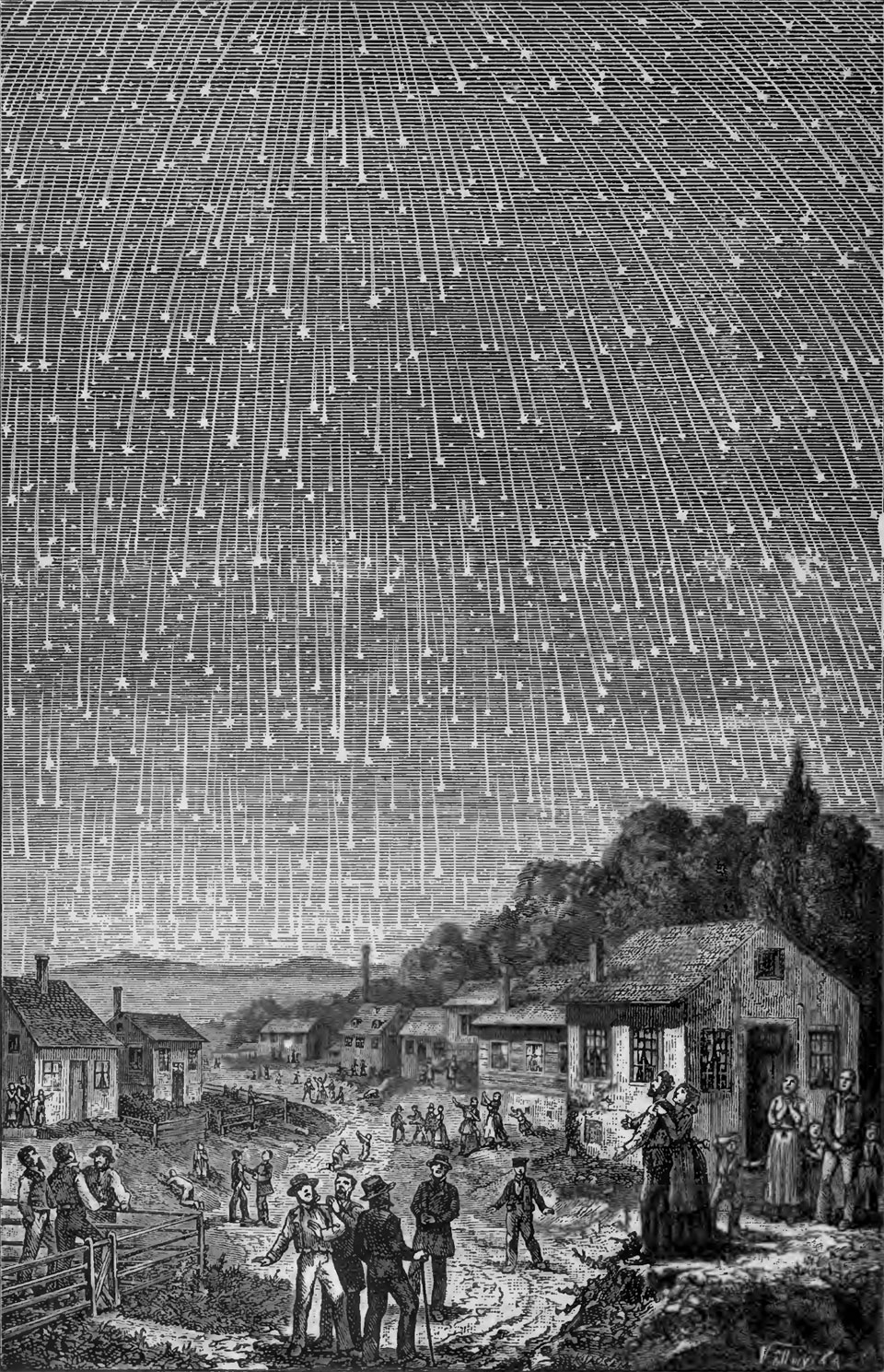 A black and white drawing shows many meteors crossing
the sky above a small town with many people outside watching.
Please see the explanation for more detailed information.