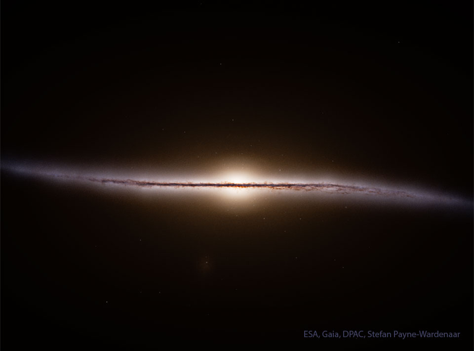 A dark field of space surrounds a thin but
colourful band horizontally across the centre. 
The band is nearly straight but curves at its
outer edges. 
Please see the explanation for more detailed information.