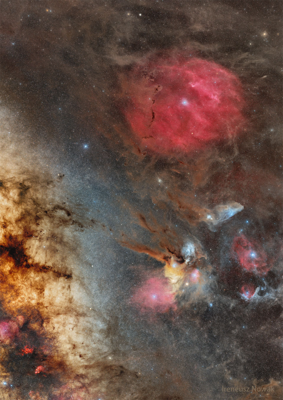 A very colourful sky field is shown featuring many stars and
nebulae that appear red, yellow, blue, and brown. 
Please see the explanation for more detailed information.