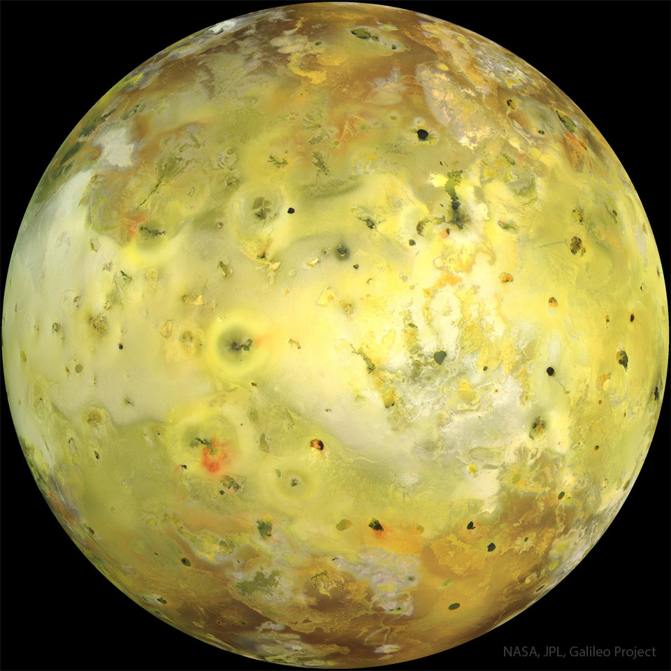A big ball that is mostly yellow is shown. 
The ball has many circular and irregular regions
that are different colours, typically brown or 
olive green. 
Please see the explanation for more detailed information.