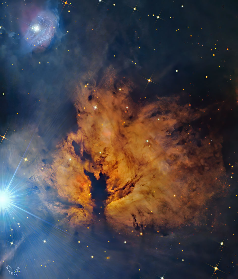 A picture of the centre of the Flame Nebula is shown, with the 
bright star Alnitak off on the left. For more details, please read
the explanation.
