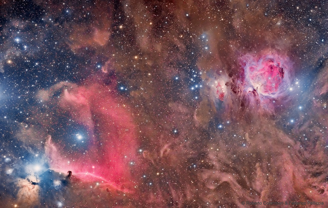 A picture of both the Horsehead and Orion Nebulae.
Please see the explanation for more detailed information.