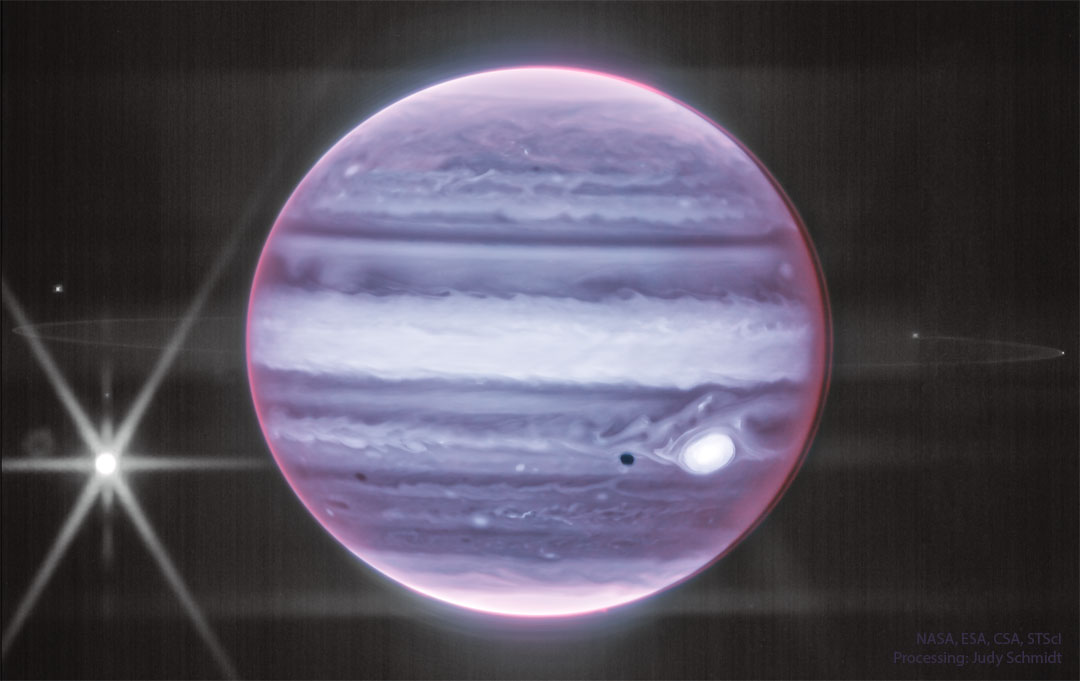The featured image shows Jupiter in infrared light as captured
by the James Webb Space Telescope. Visible are clouds, the Great
Red Spot -- appearing light in colour -- and a prominent ring around
the giant planet.
Please see the explanation for more detailed information.