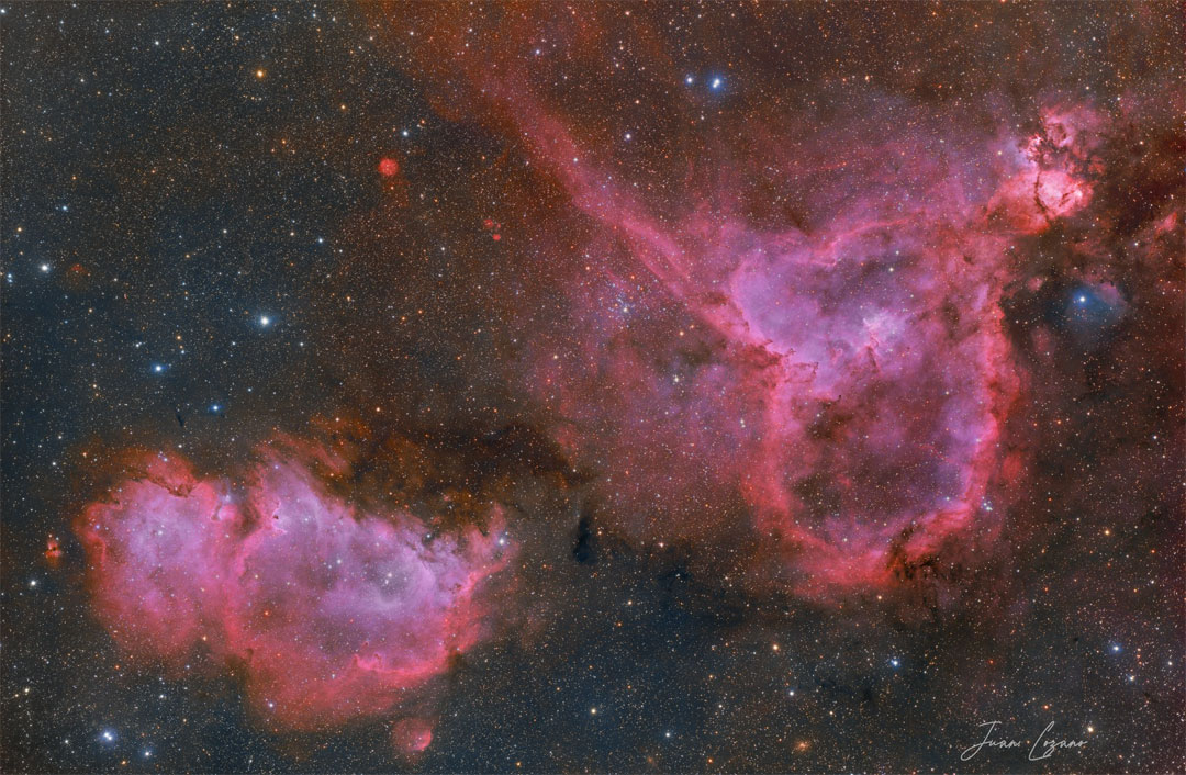 Two red emission nebulae are shown in front of a dark
but colourful starfield. The Soul Nebula is on the lower left, while
the Heart Nebula is on the upper right. 
Please see the explanation for more detailed information.