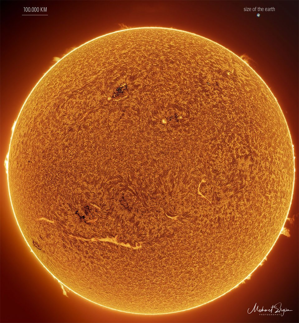 The Sun is pictured in a colour that allows high detail. The
large orange ball has several bright streaks and a carpet-like
texture. Several prominences are visible around the edges.
Please see the explanation for more detailed information.