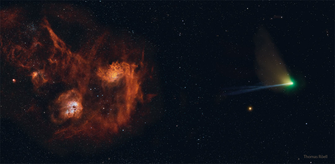 Pictured are two red nebulae on the far left and centre, and
a comet complete with a green coma and a long blue ion tail on the far right.
Please see the explanation for more detailed information.