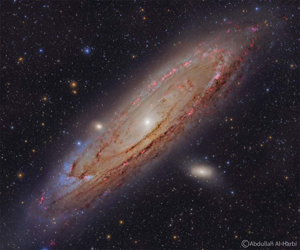 The Andromeda Galaxy is shown in great detail. Red nebulae,
blue stars, and dark dust are all seen in a swirl around
the galaxy's bright centre.
Please see the explanation for more detailed information.