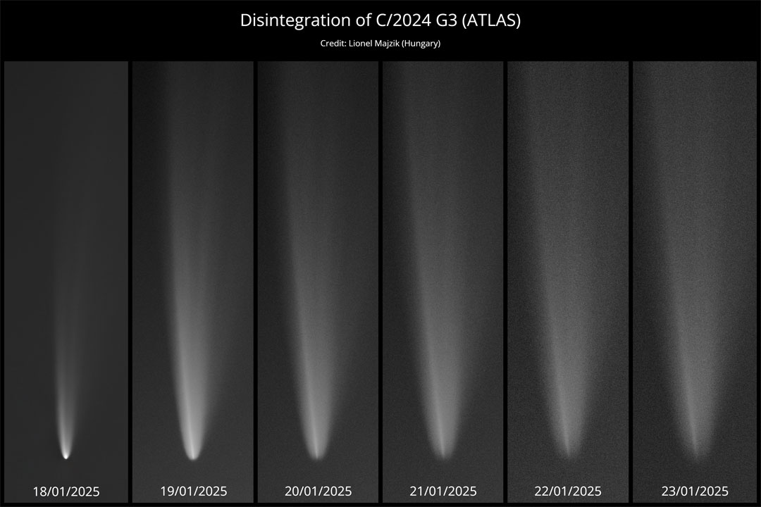 A series of comet images is shown. On the far left the 
image shows Comet G3 ATLAS with a bright central concentration
at its head near the bottom of the frame. By the far right,
this central concentration is nearly gone.  
Please see the explanation for more detailed information.