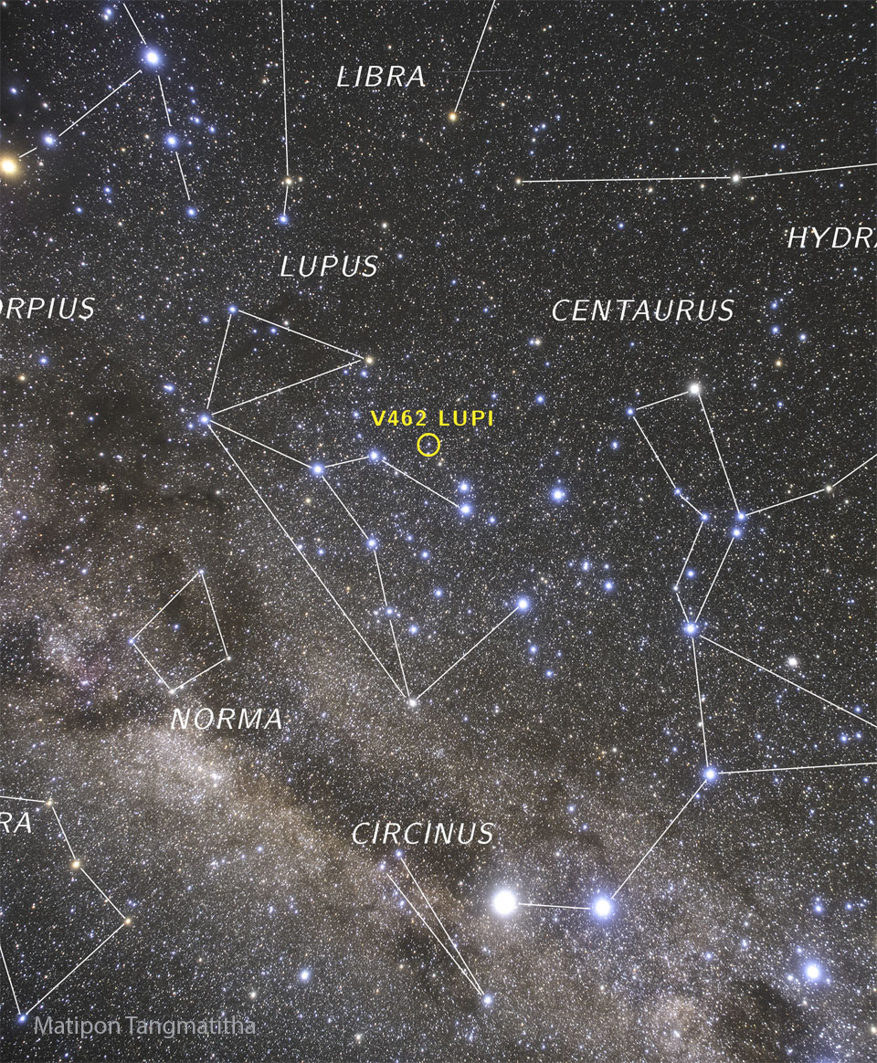 A starfield is shown with constellations annotated. The band
of our Milky Way galaxy runs diagonally from the upper left to the 
lower right. Just above the image centre is a faint dot that is
annotated in yellow -- V462 LUPI, a nova that was visible with
the unaided eye last week and is currently still 
visible with binoculars. 
Please see the explanation for more detailed information.